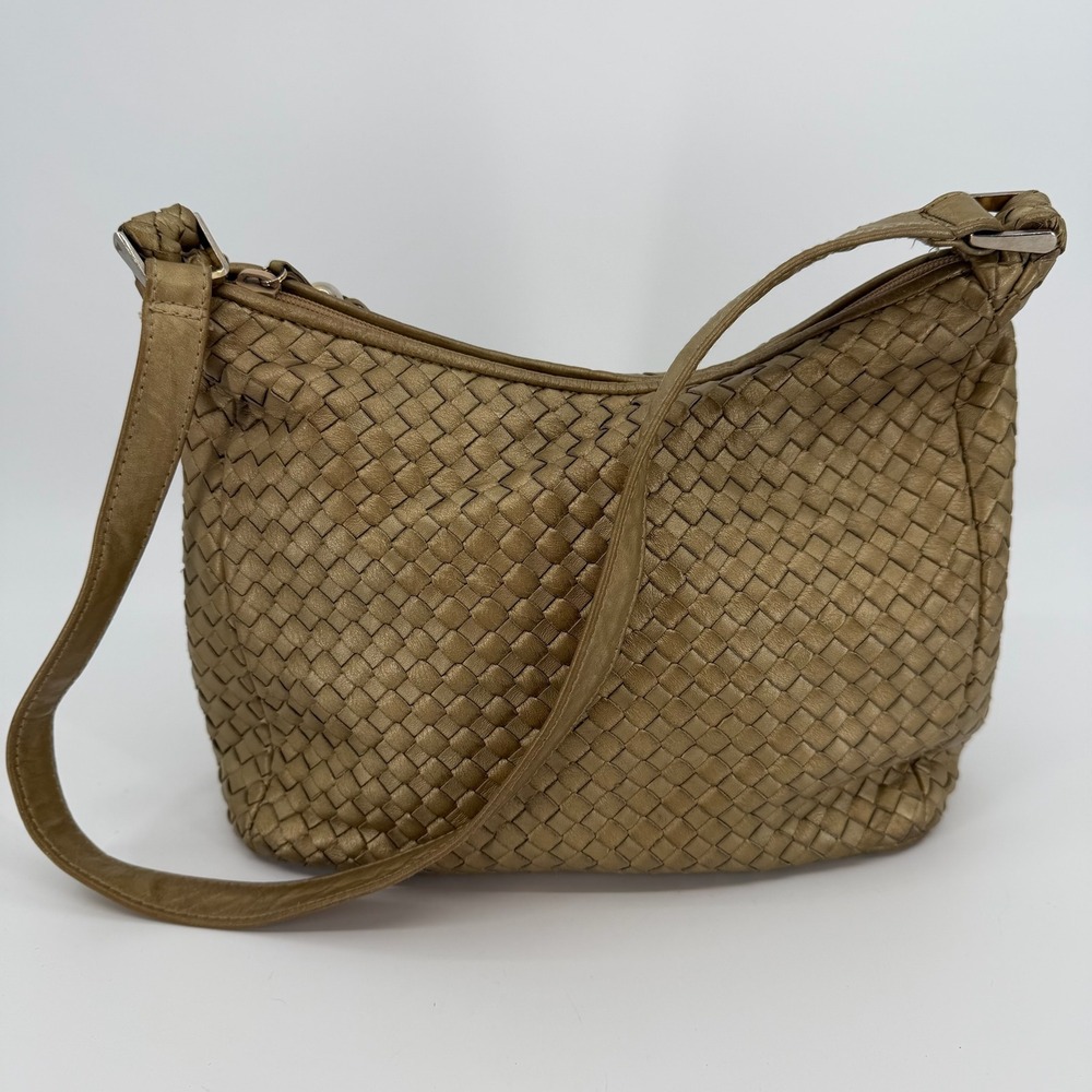 Vtg Y2K Ganson Leather Shoulder Bag Womens Gold Basketweave Tassel Hobo Purse